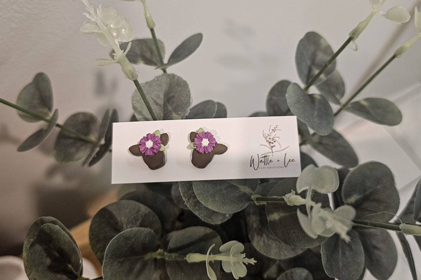 Flower Cow Head Studs | Purple